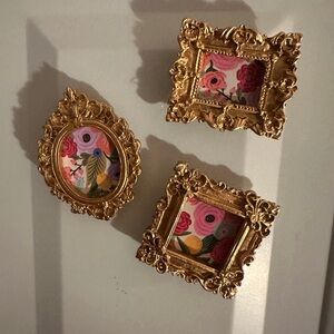 Gold Mini Picture Frame magnet Set with Pink Floral Inserts